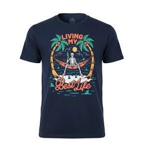 DOM T-shirt Living My Best Life Skeleton Graphic Navy Blue Cotton Casual Large